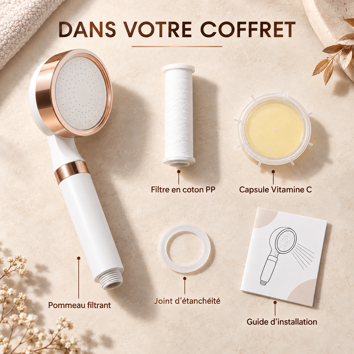 Contenu du coffret pommeau filtrant Saudade Care
