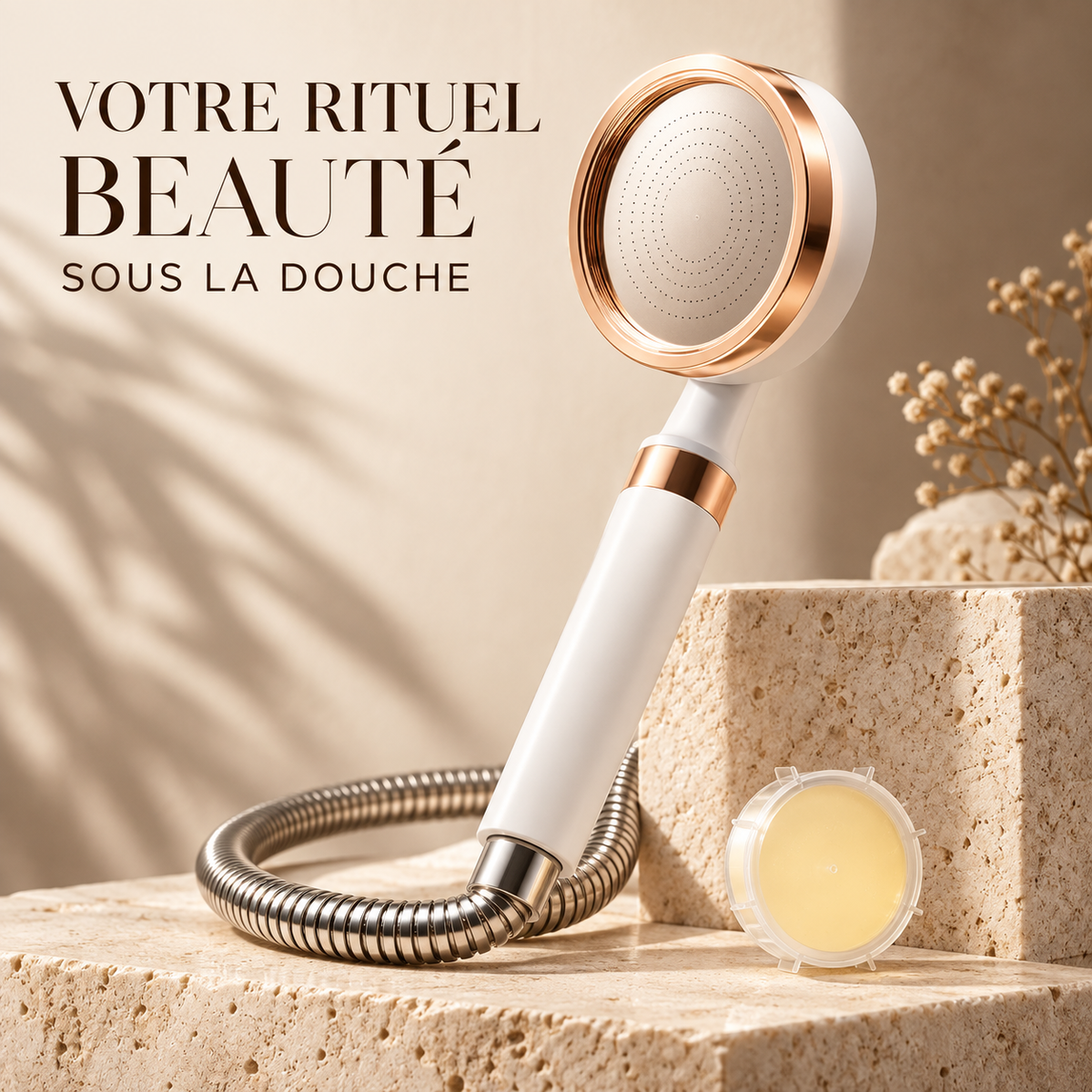 Pommeau Saudade Care blanc et or rose avec capsule Vitamine C